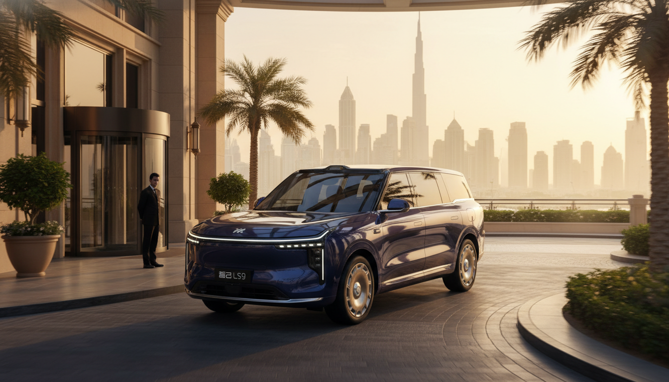 Ultra-realistic automotive photograph of IM LS9 arriving at a luxury Dubai hotel entrance during gol