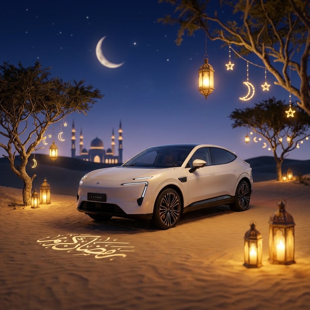 A sleek, modern luxury car, perhaps a sedan or SUV, parked elegantly in a serene, moonlit desert lan