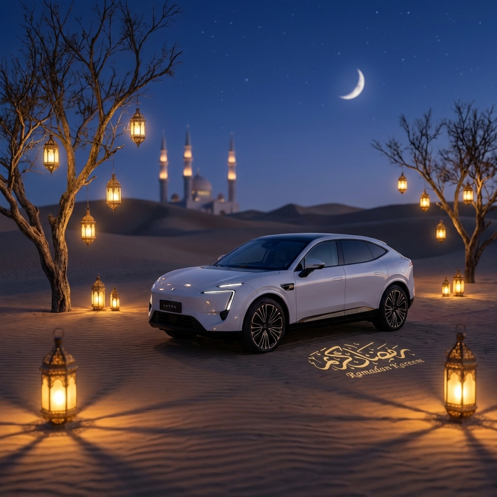 A sleek, modern luxury car, perhaps a sedan or SUV, parked elegantly in a serene, moonlit desert lan