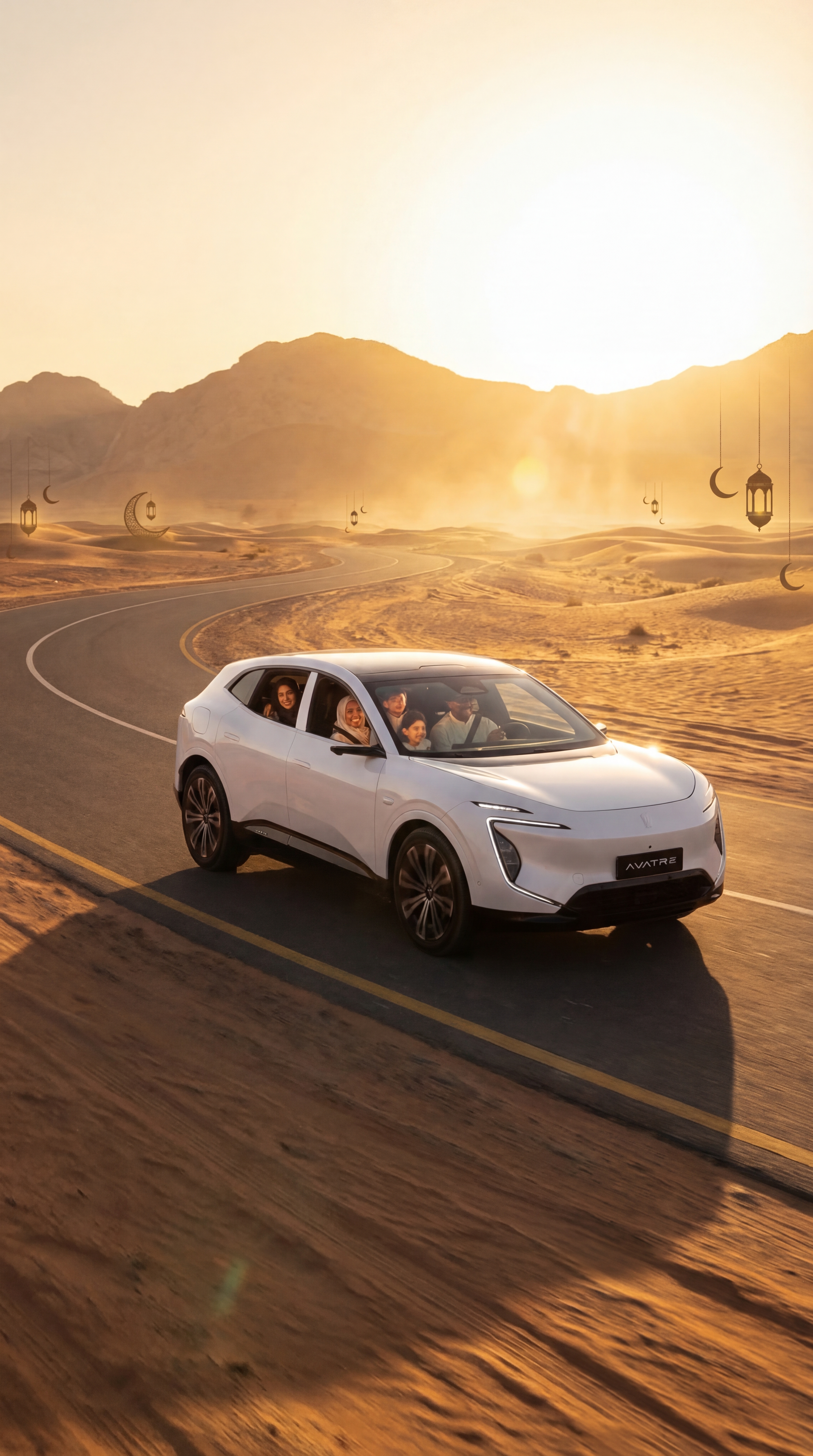 A warm, inviting scene of a car driving on a road at golden hour, sun setting in the distance, casti