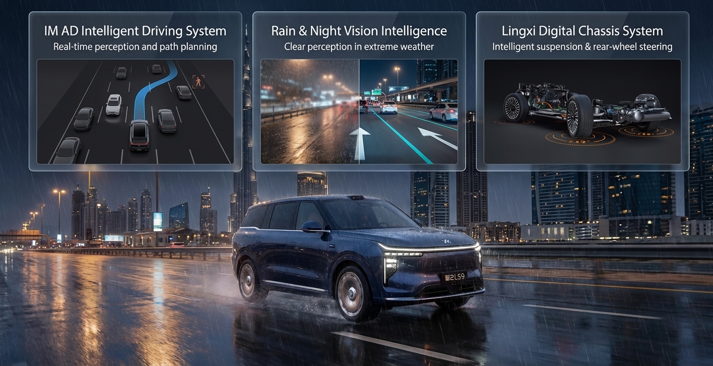 ---
ultra realistic automotive advertisement image, IM LS9 luxury SUV driving in heavy rain at night