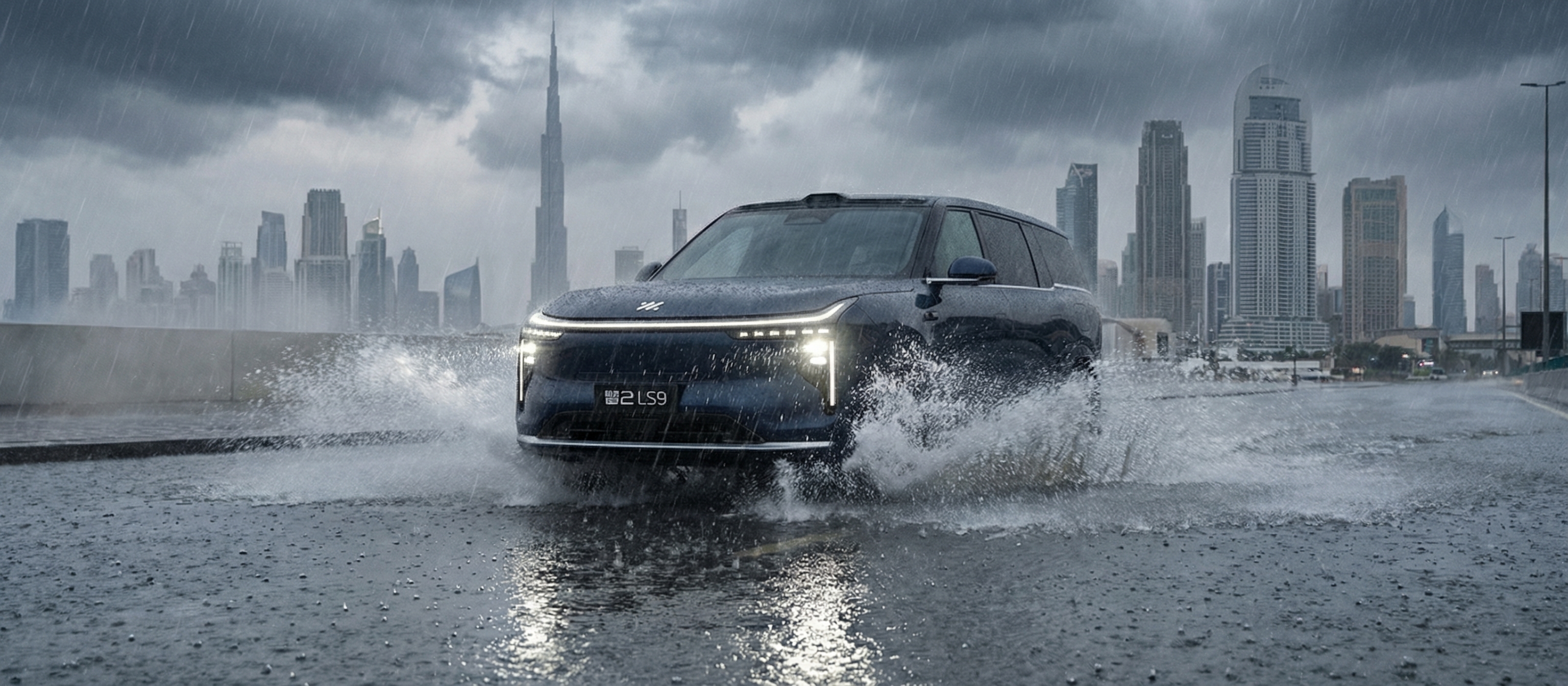 IM LS9 driving forward through flooded Dubai road in heavy rain, front view, water pushing outward s