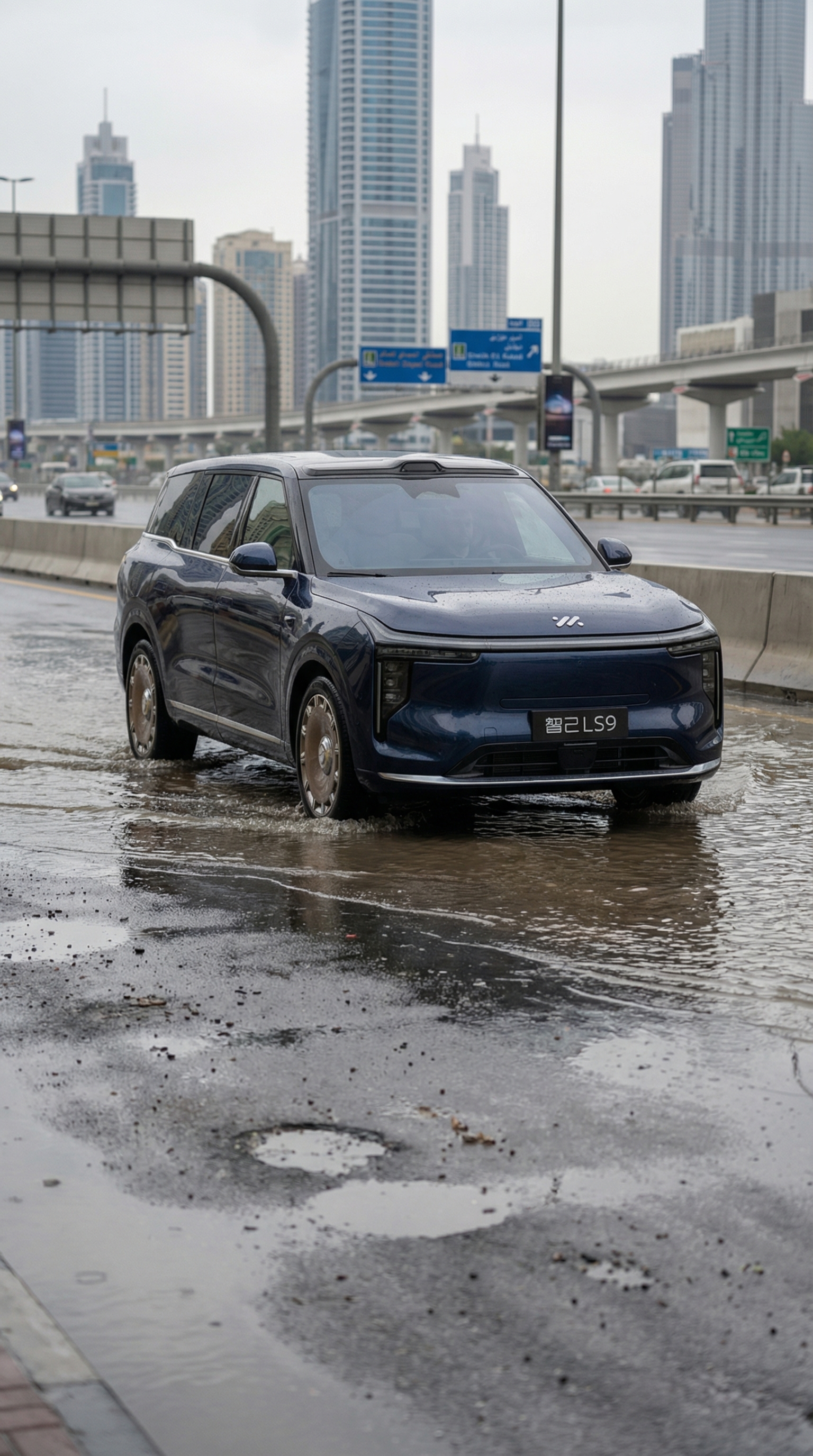 IM LS9 luxury SUV entering shallow flood water on Sheikh Zayed Road, front three-quarter angle from