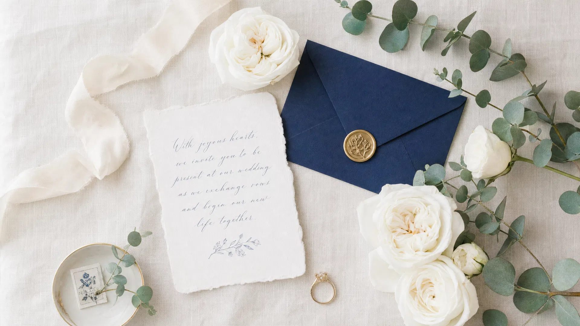 Elegant wedding flat lay with white roses, navy envelope, and calligraphy card