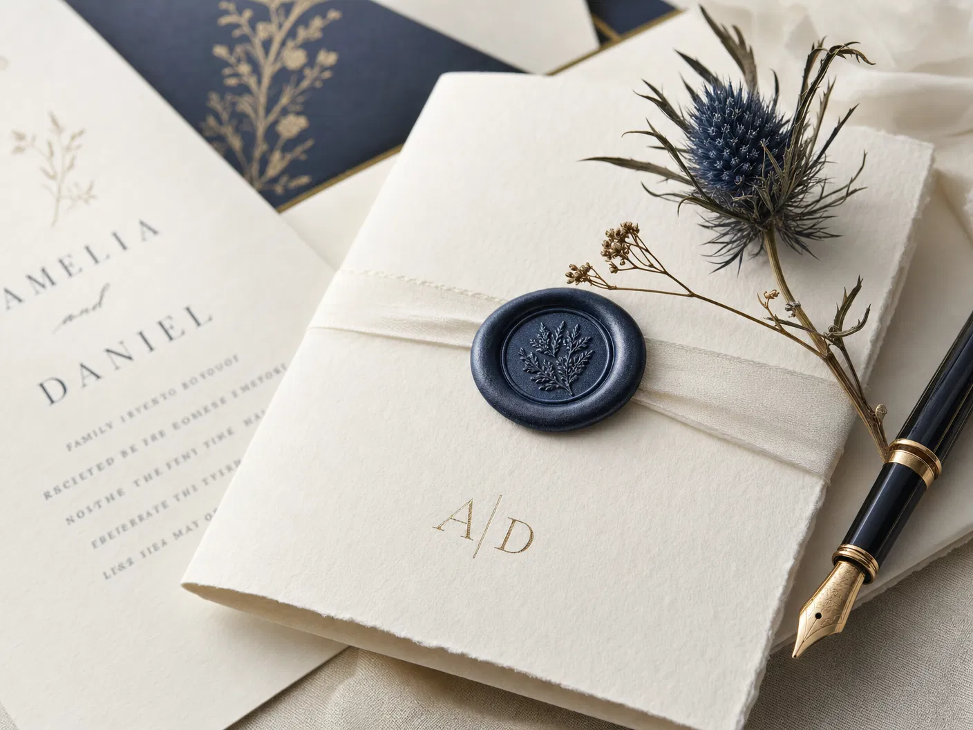 Premium wedding stationery with navy wax seal and blue thistle
