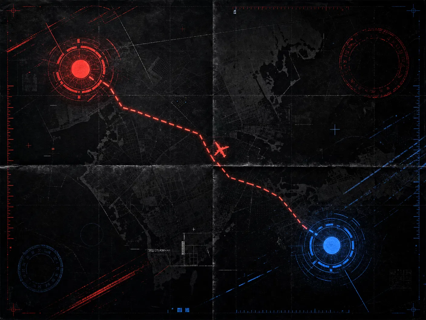 Abstract route map artwork showing two city nodes connected by a flight path