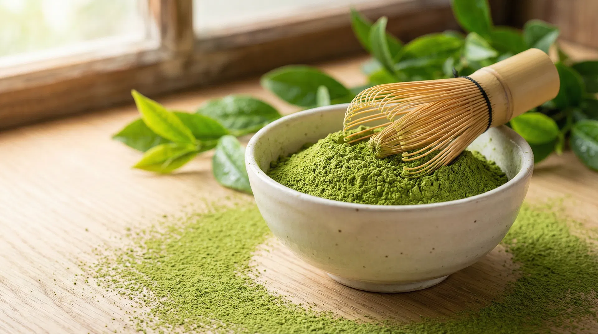 มัทฉะแท้จากญี่ปุ่น พร้อมตะกร้อและใบชาเขียว