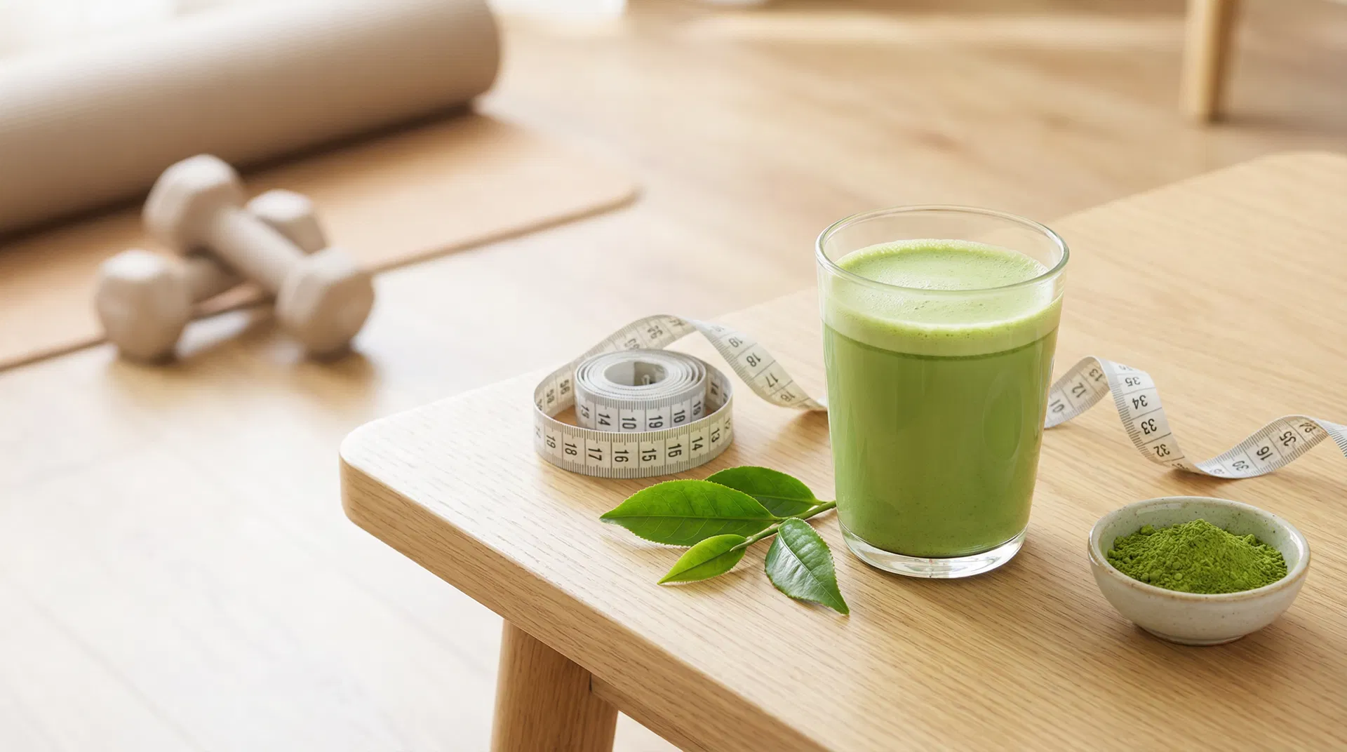 มัทฉะเพื่อลดน้ำหนัก พร้อมเทปวัดและดัมเบล