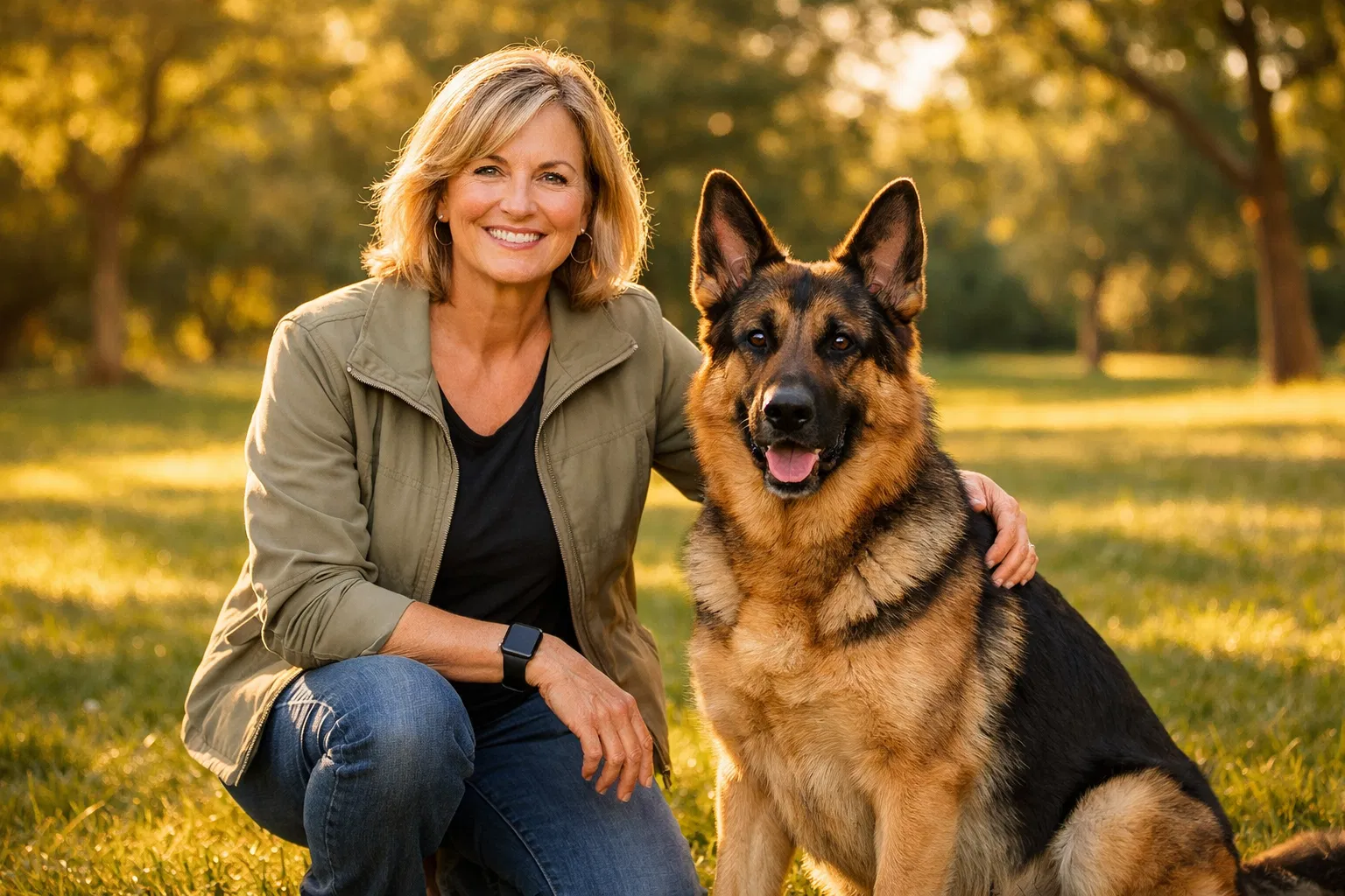 Happy dog owner with well-trained dog