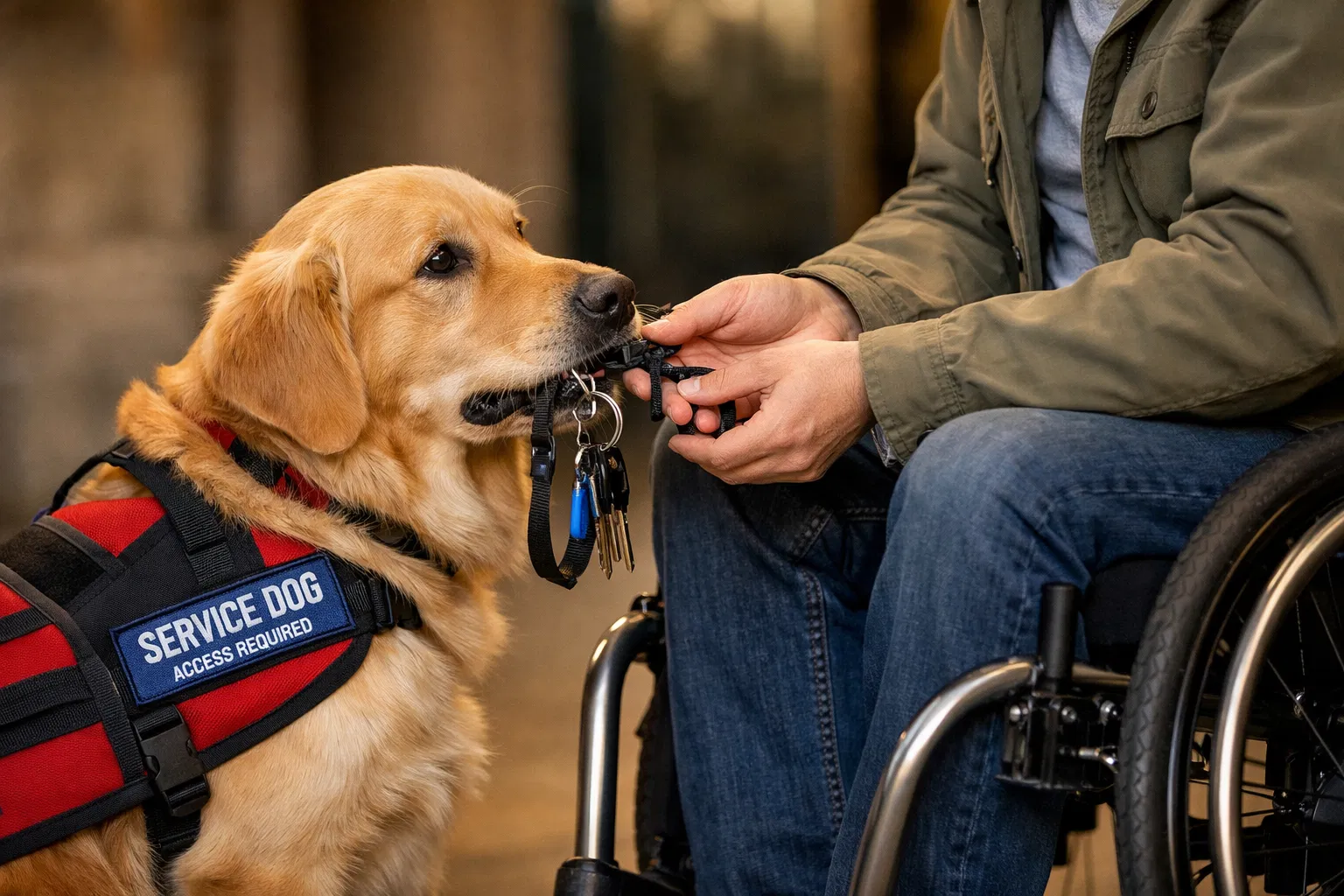 Service dog assisting person