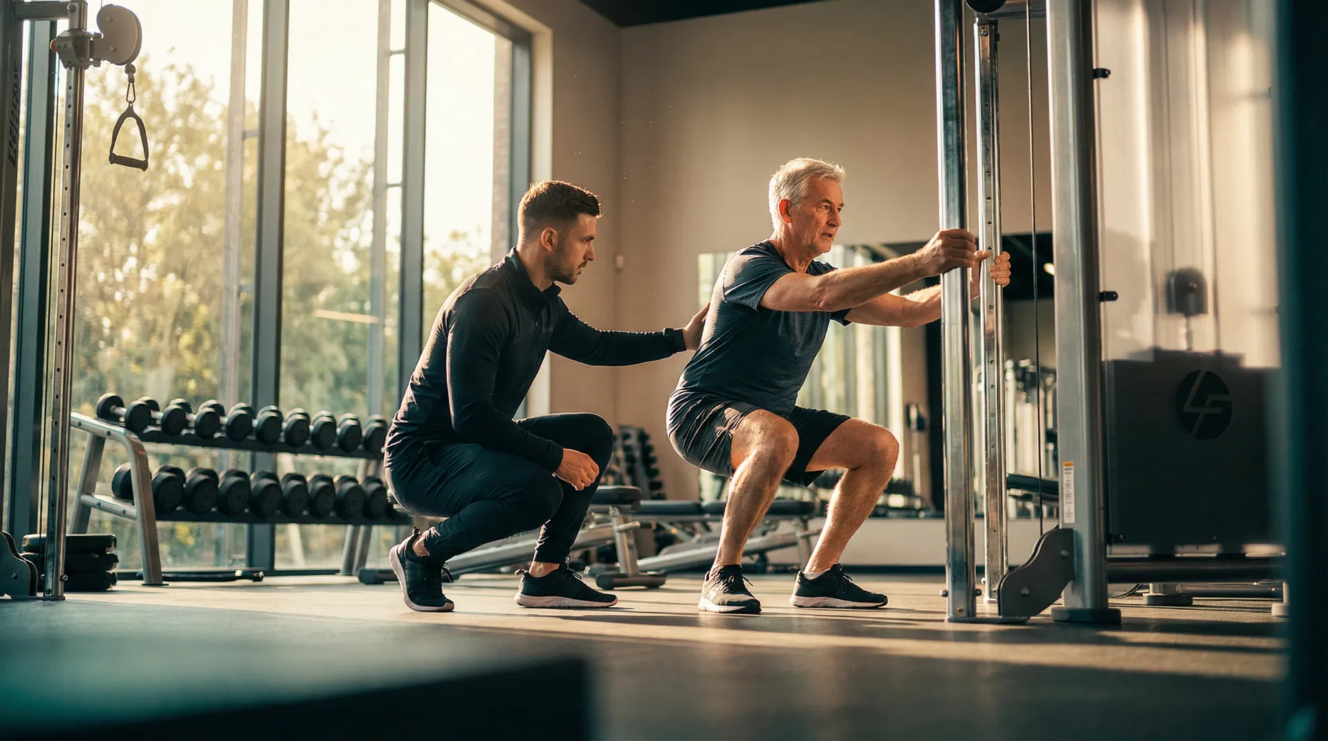 Personal trainer guiding client