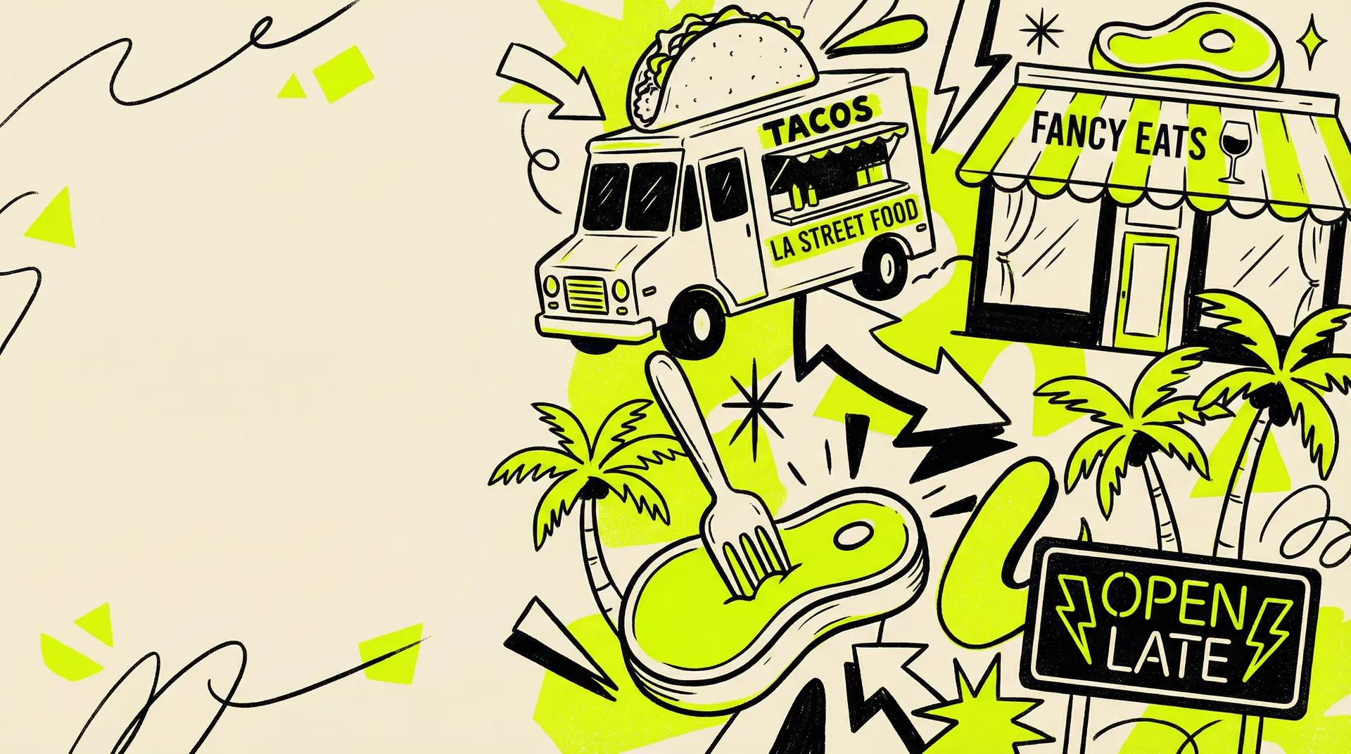 Illustrated LA food scene — taco trucks, steakhouses, palm trees