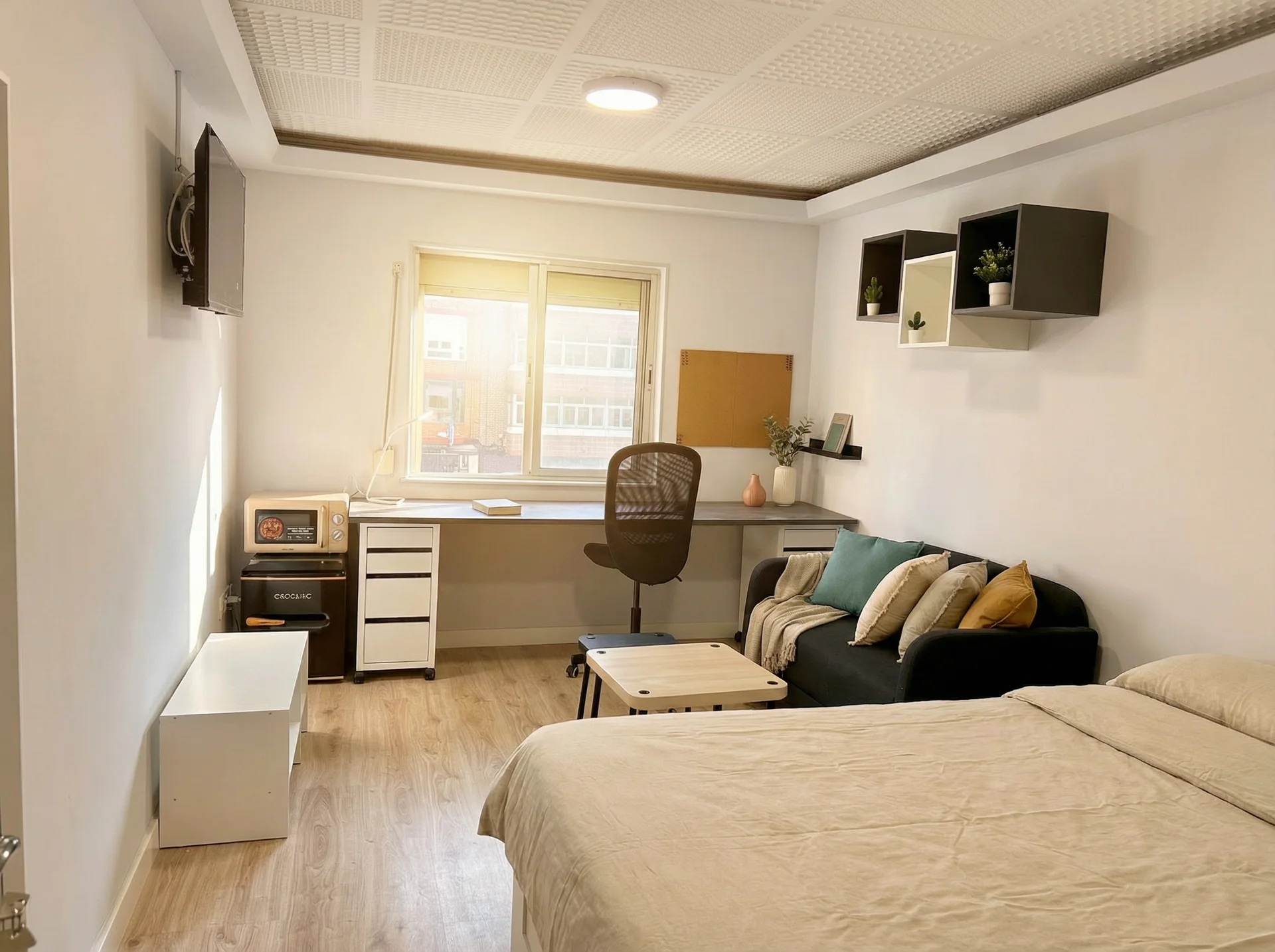 Habitación para estudiantes en Delicias, Valladolid - Amplia habitación, con cama doble, sofa propio, televisión Smart Tv y amplia mesa de estudio - 443€/mes todo incluido