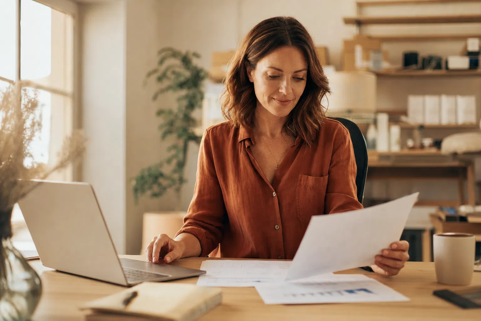 Small business owner reviewing operational documents