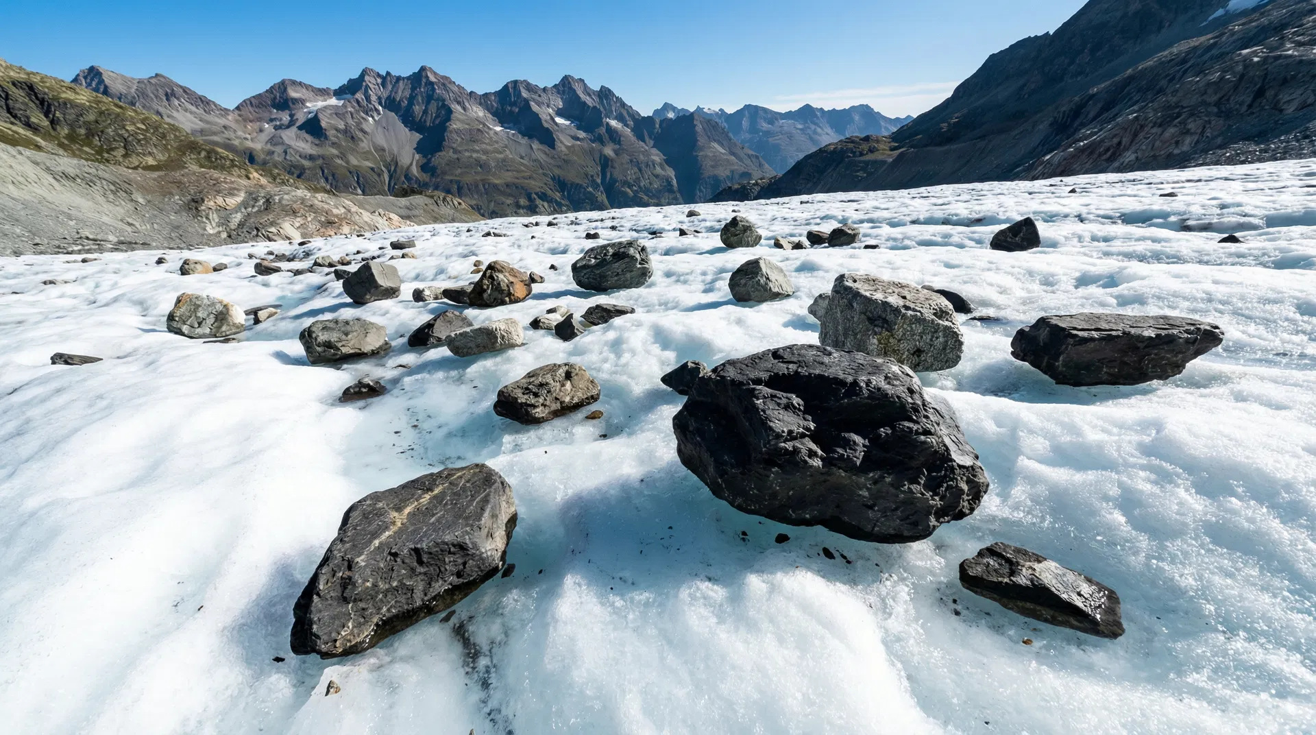 Dark stones on glacier surface