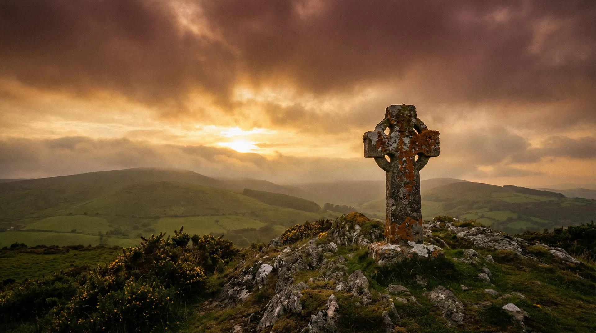 Ancient stone cross on a misty hilltop