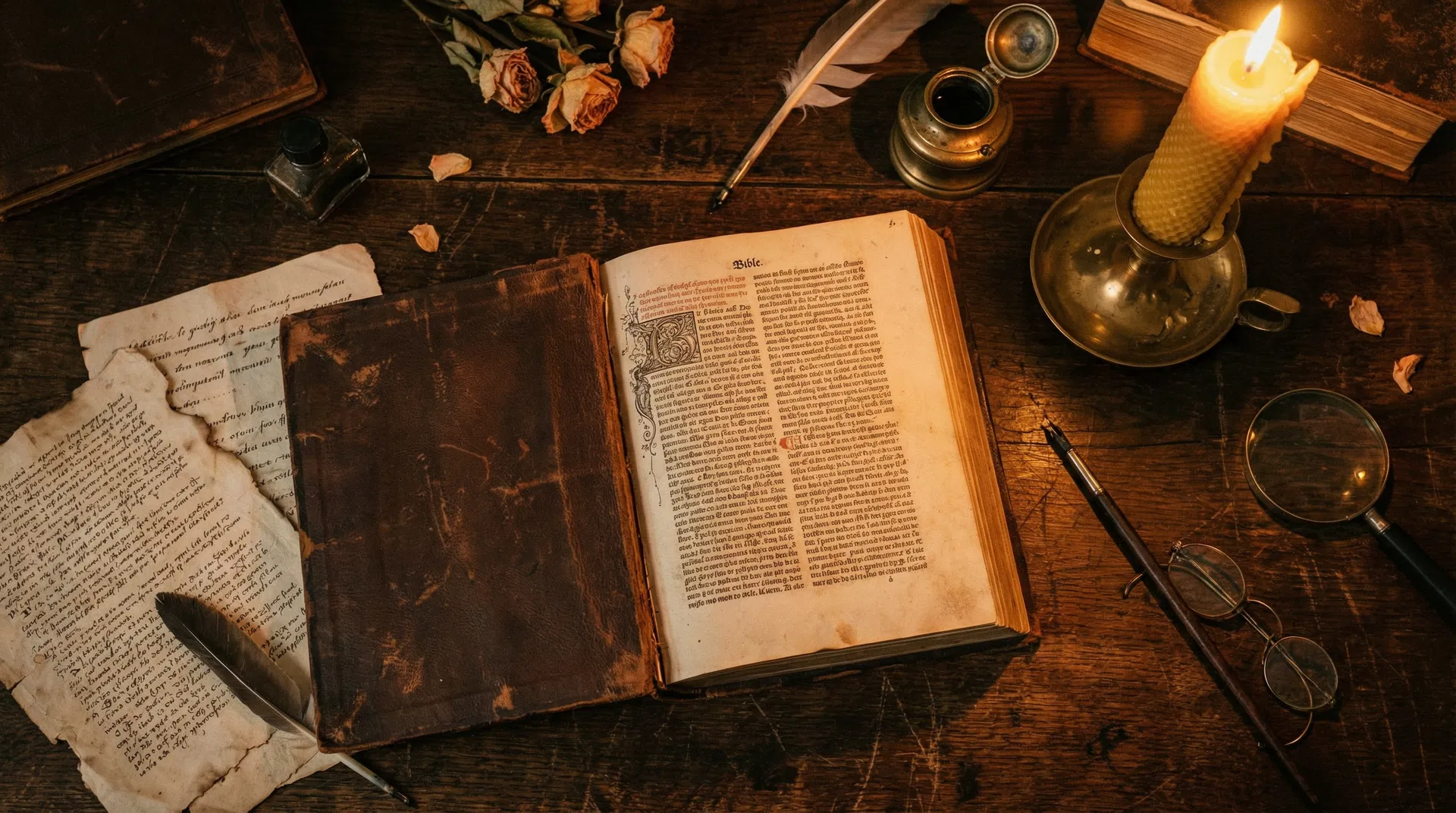 Ancient Bible with candle and manuscripts