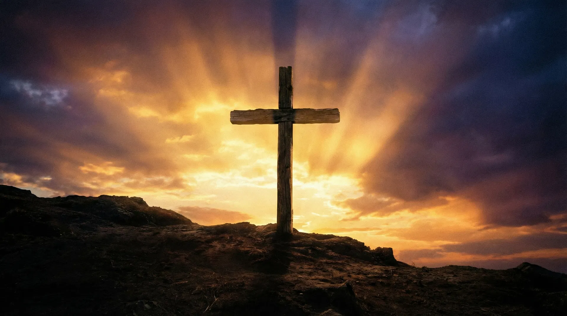 Cross silhouetted against golden sky