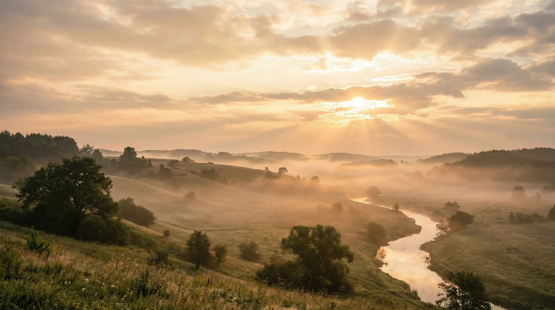 Glorious sunrise over misty hills