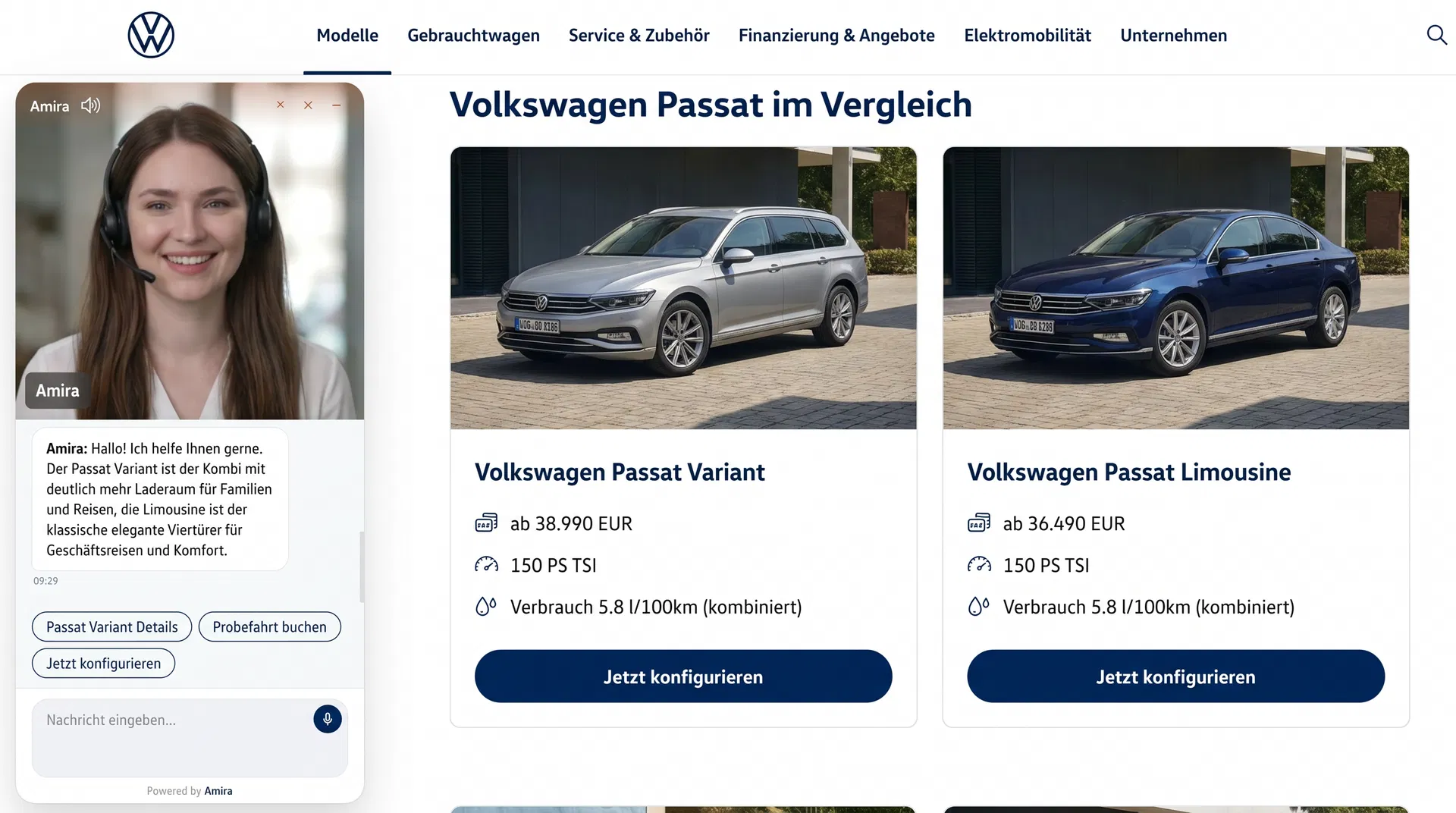 Amira als Video-Beraterin auf der VW Website — Volkswagen Passat Modellvergleich mit KI-Beratung