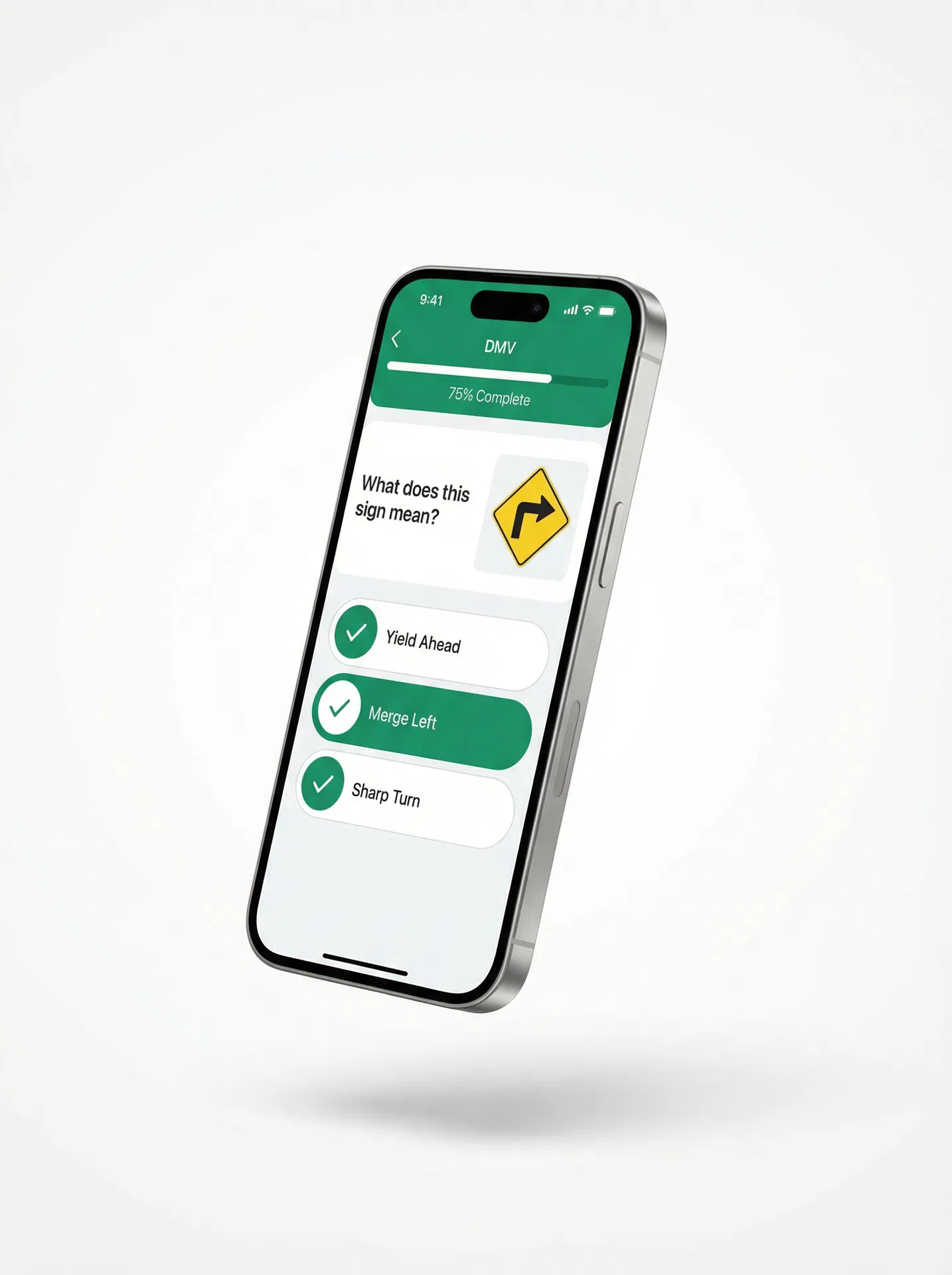 DMV Practice Test App showing a road signs question with multiple choice answers