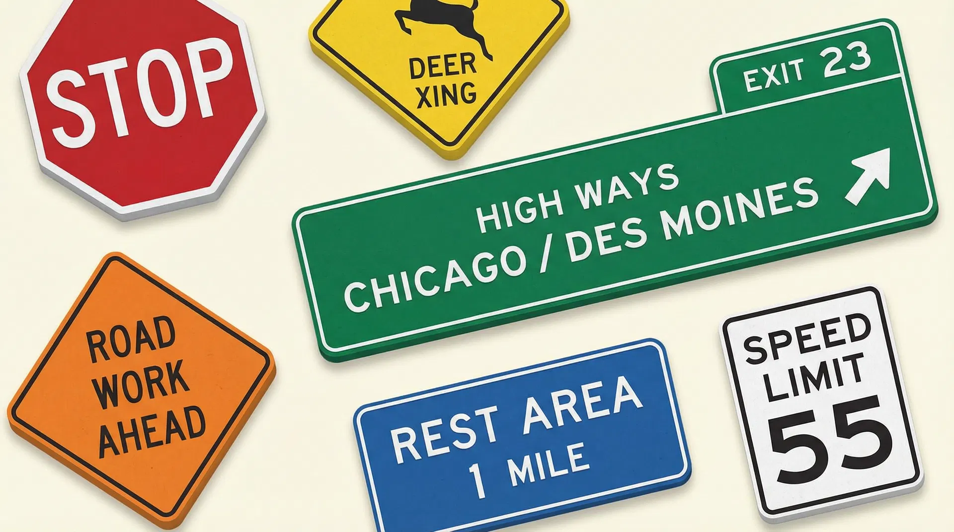 Collection of American road signs including stop, yield, warning, and highway signs