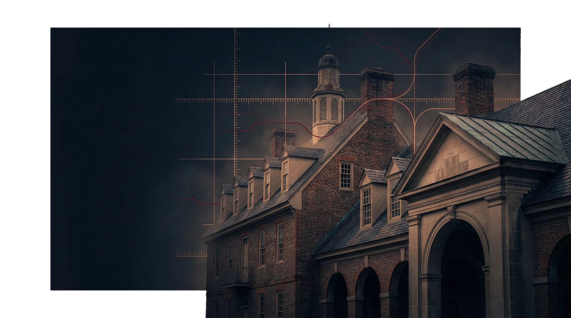 Historic architecture overlaid with civic cartography graphics