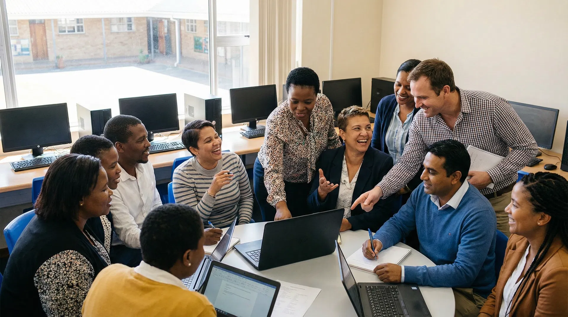 Teachers collaborating during an AI workshop