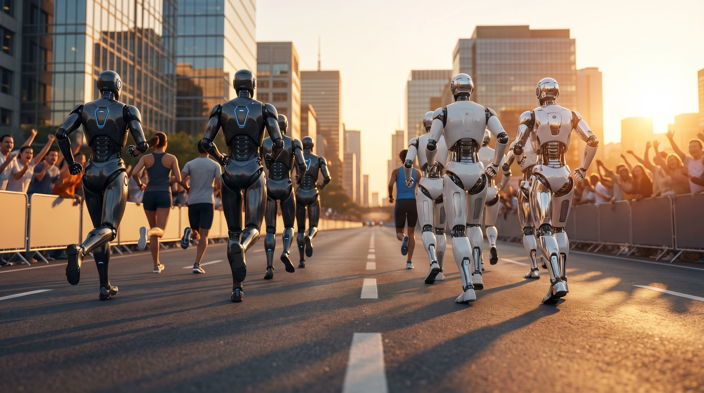 Humanoid robots and human runners racing together in Beijing