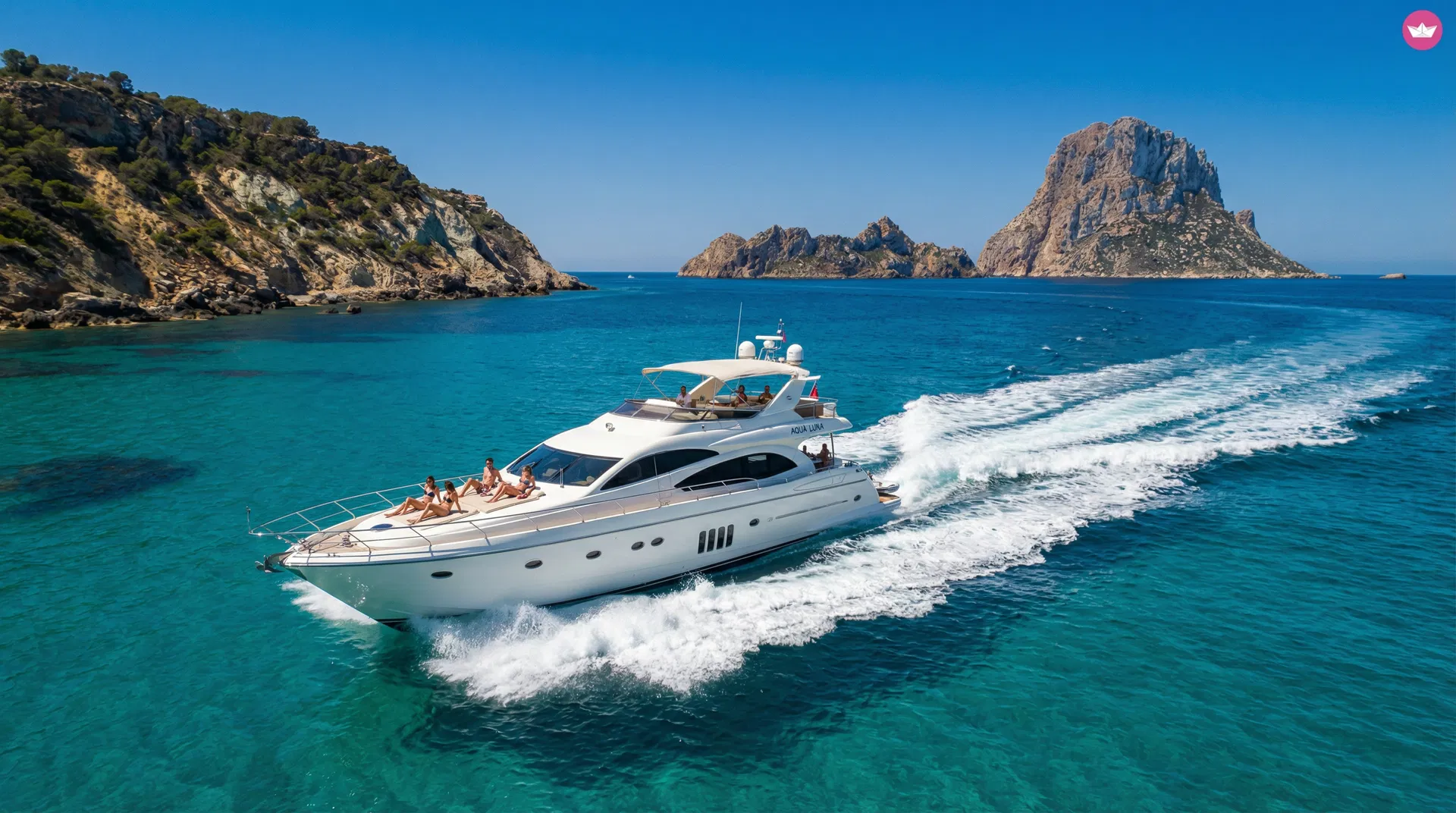 Luxury yacht cruising along Ibiza coastline