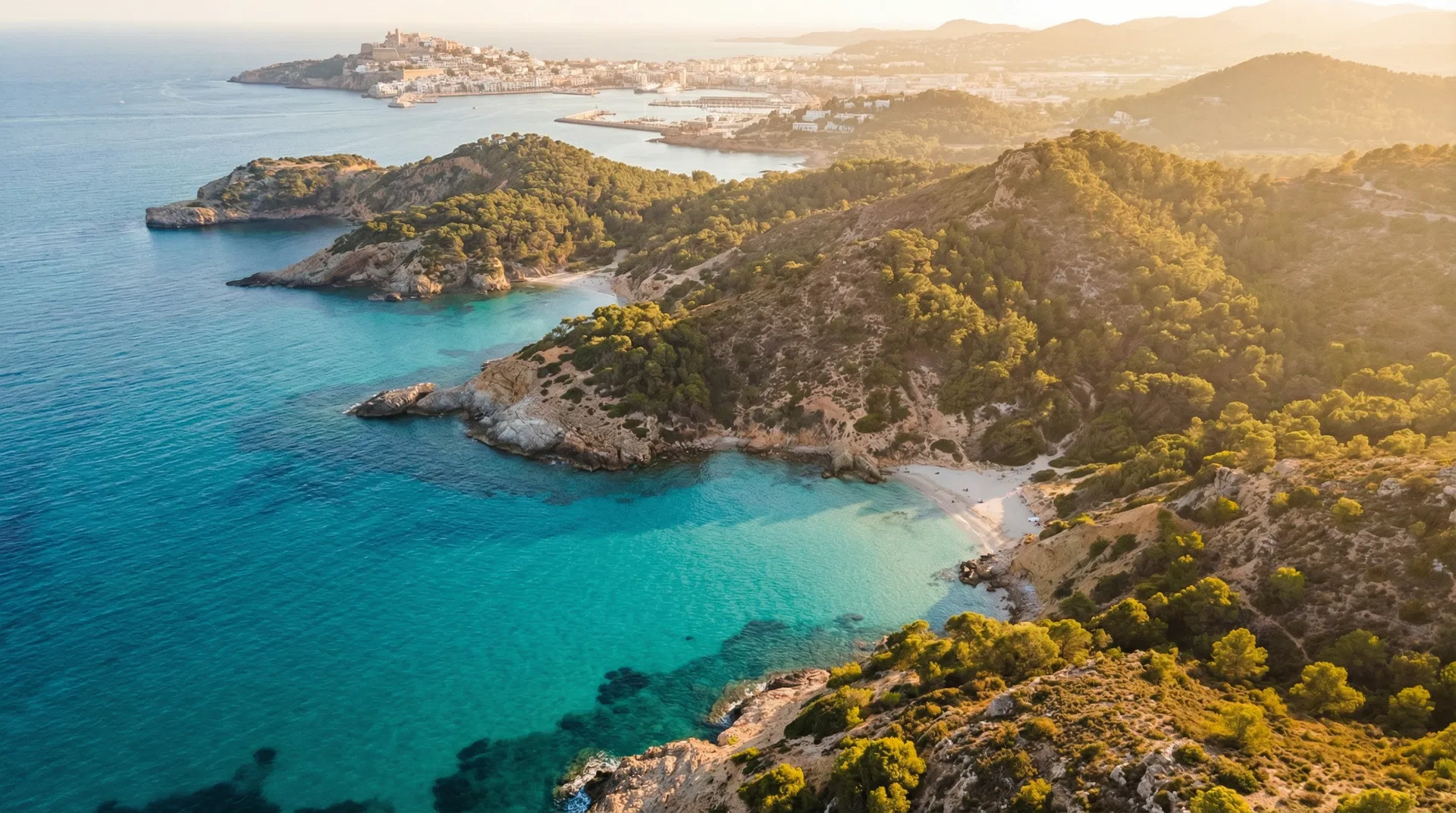 Aerial view of Ibiza coastline with turquoise waters and white villages