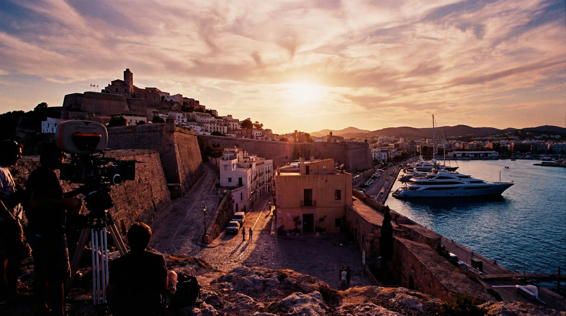 Dalt Vila old town Ibiza at golden hour — iconic filming location for White Lines and other productions