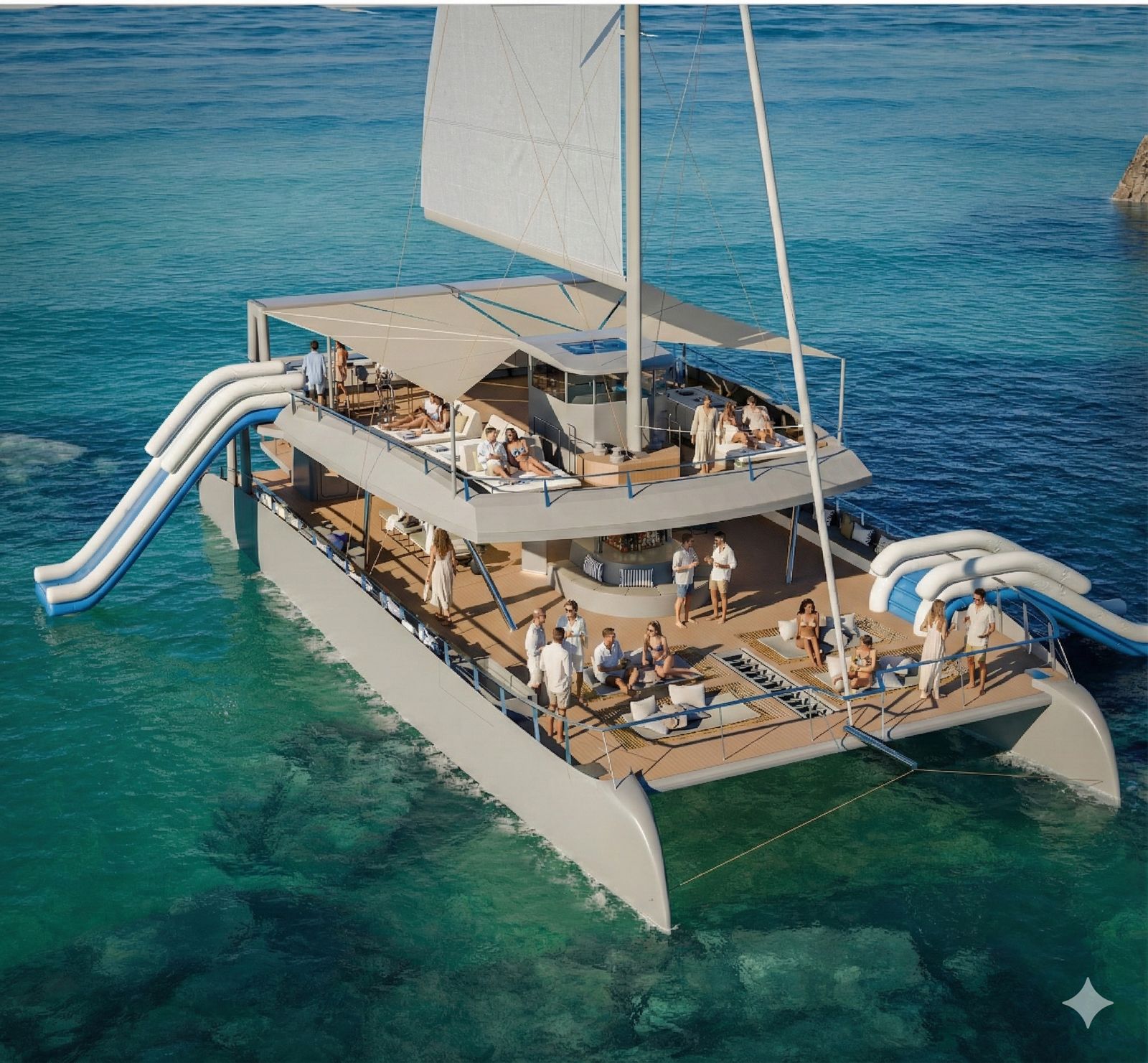 Azul Luxury Catamaran aerial view in Ibiza waters
