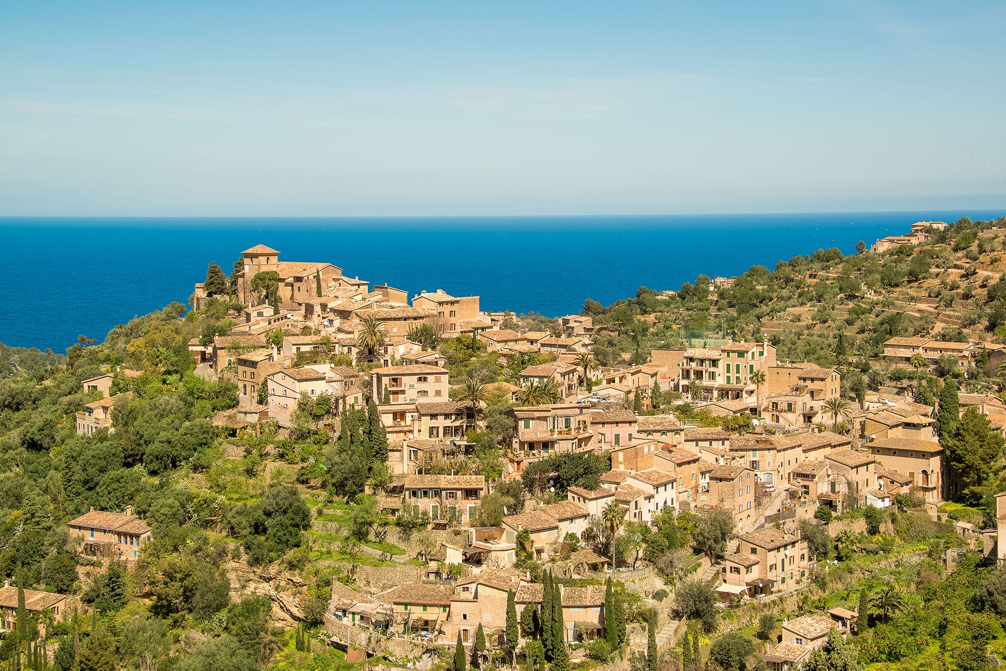 Scenic view of Santa Eulalia village nestled in the Es Vedrà mountains, Ibiza