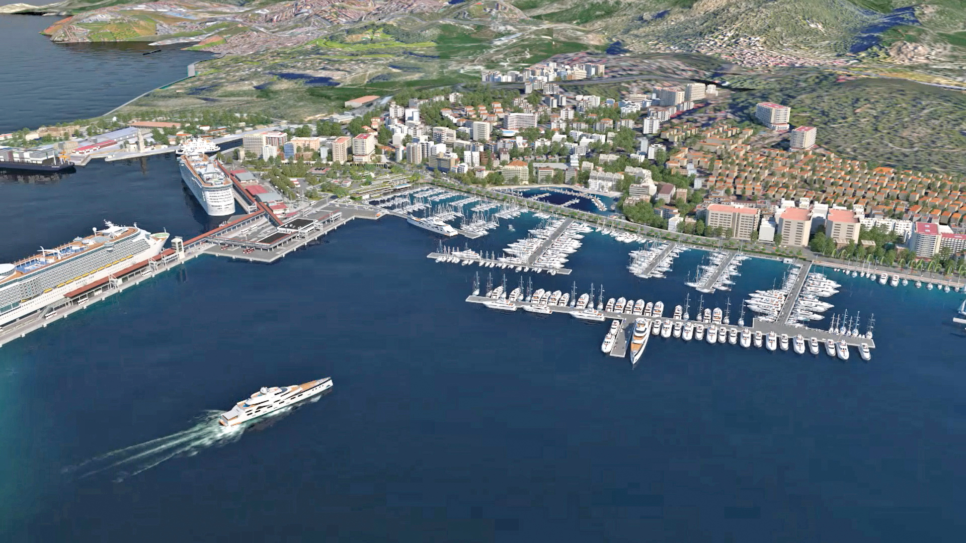 Aerial view of a luxury marina in Ibiza with superyachts