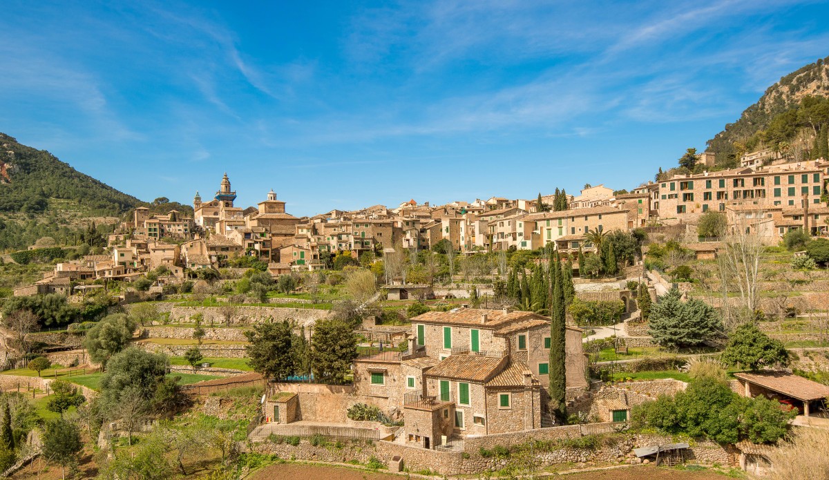 Scenic view of the historic stone village of San Miguel nestled in the Es Vedrà mountains of Ibiza