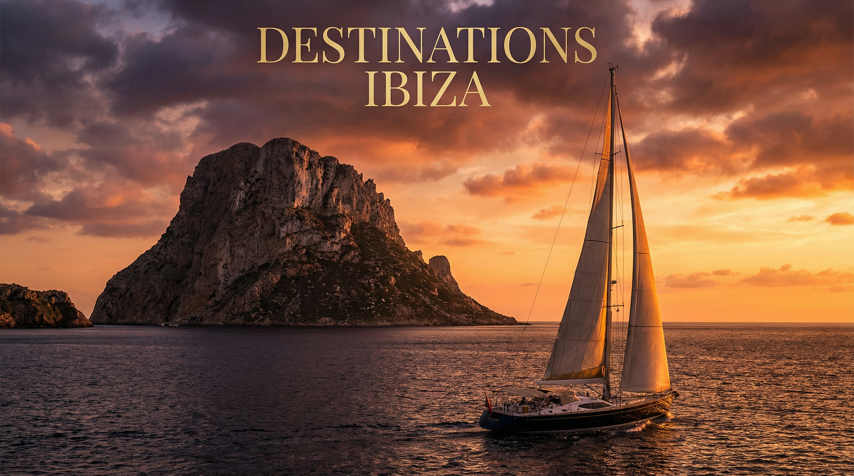 Es Vedrà rock island silhouetted against a dramatic golden sunset with a luxury sailing yacht in the foreground