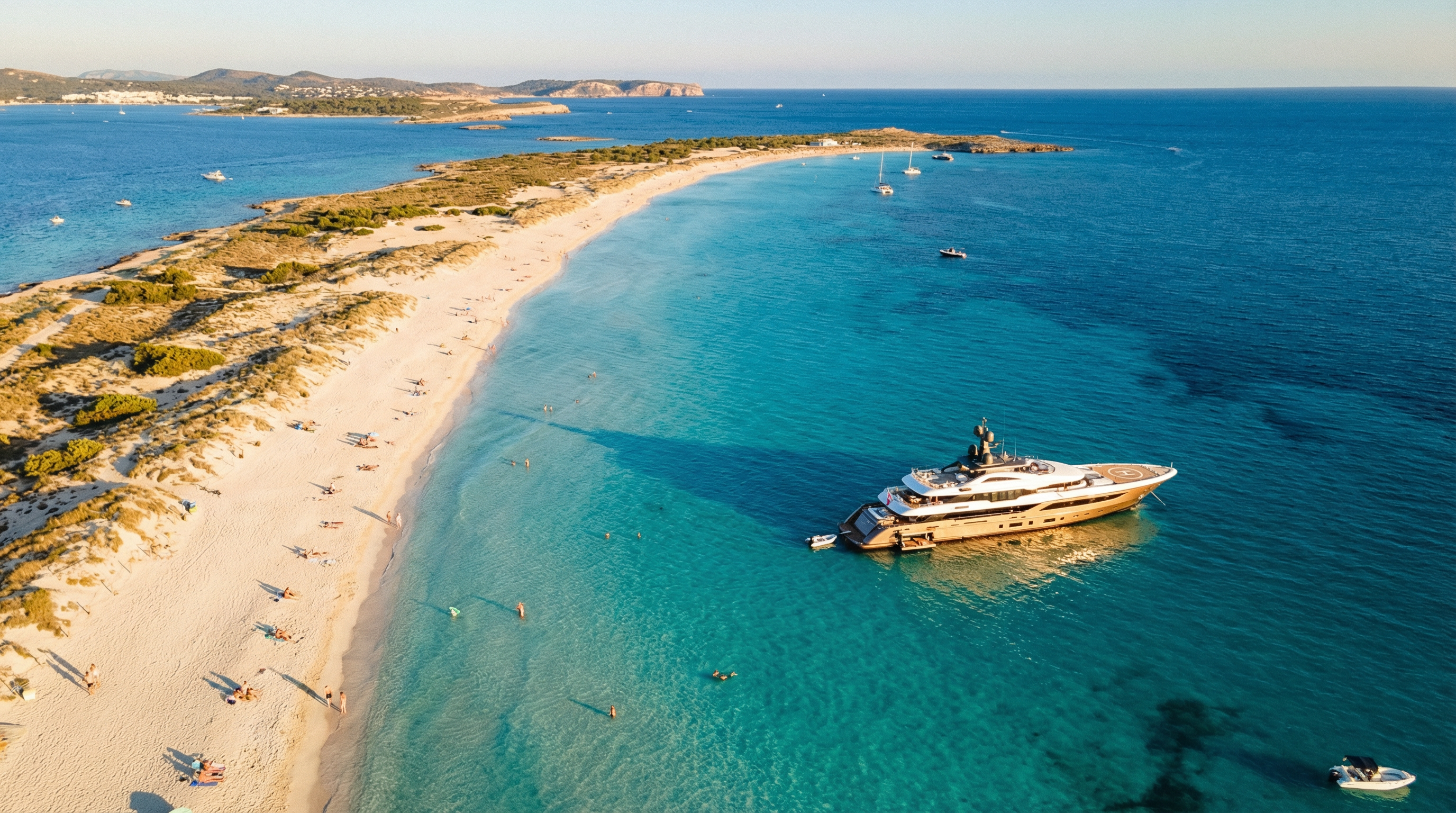 Aerial view of Ses Illetes beach, Formentera — crystal-clear turquoise waters and white sand with luxury yacht