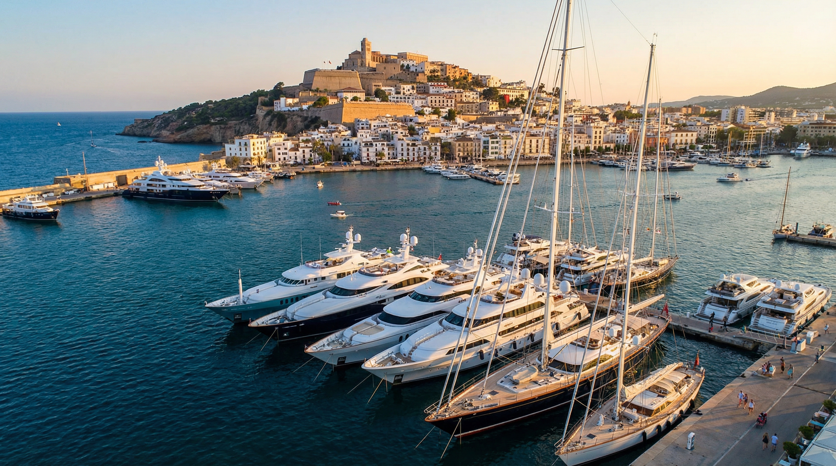 Marina Ibiza with luxury superyachts berthed below Dalt Vila old town at sunset