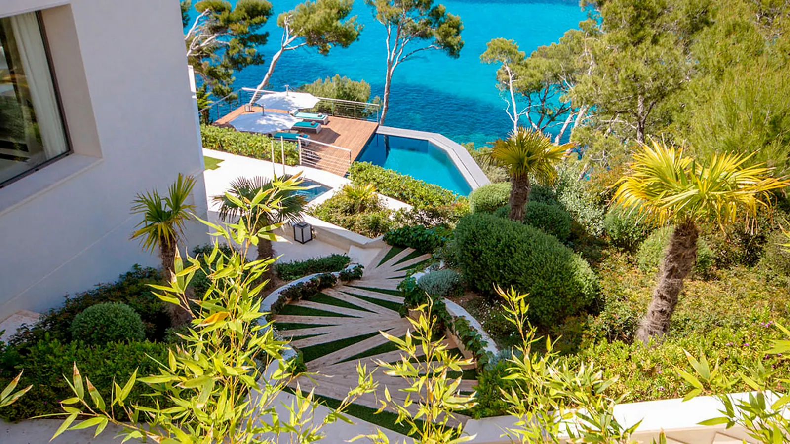 Panoramic sea view from the terraces of a clifftop estate in Camp de Mar