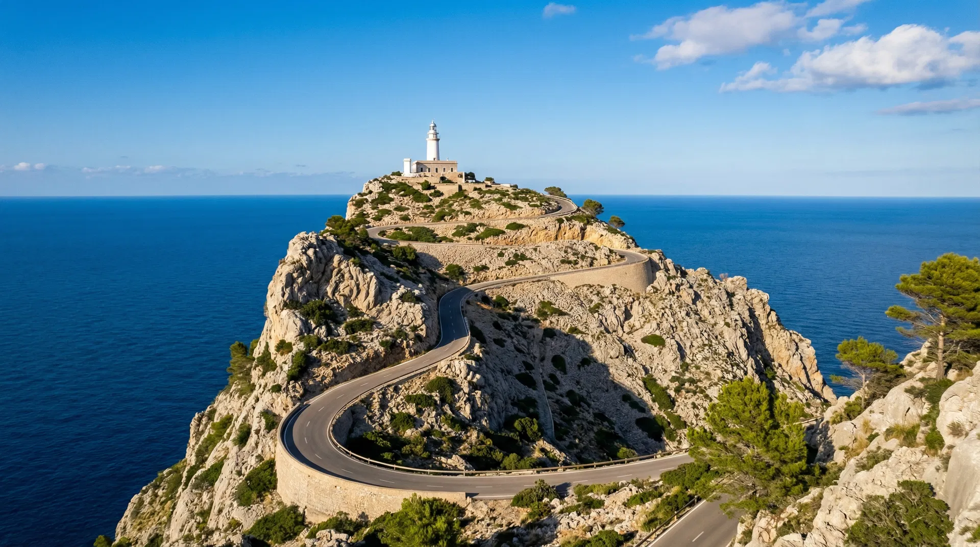 A white Porsche 911 Cabriolet on a winding mountain road in Mallorca, with olive trees and stone walls in the background.
