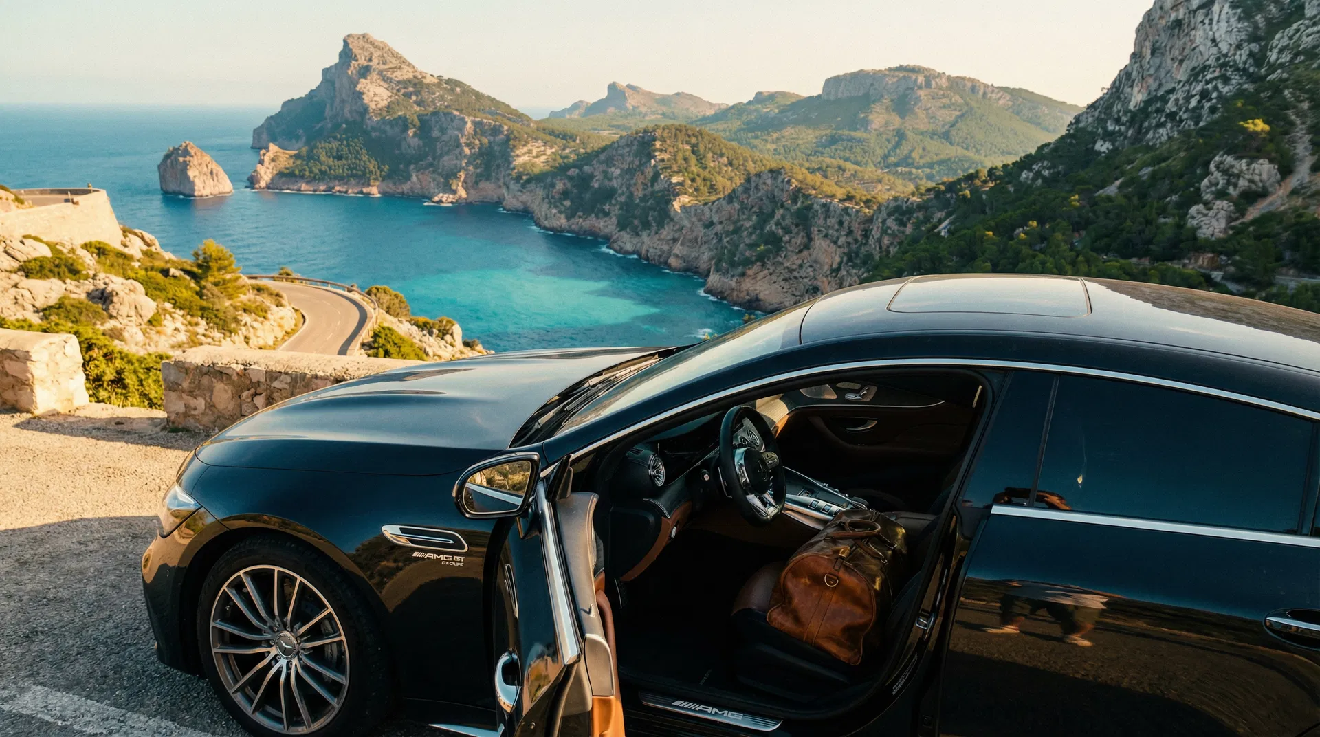 Enjoying a scenic drive through Mallorca's mountains in a luxurious Mercedes-Benz GLE.