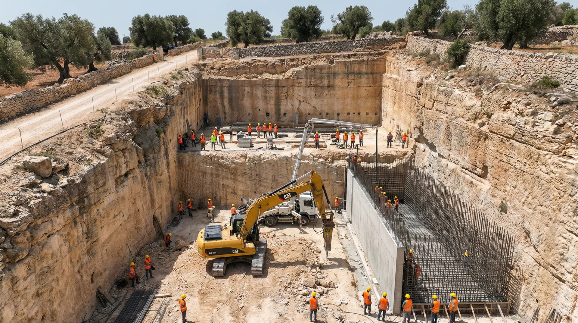 Bunker construction site with heavy machinery and reinforced concrete