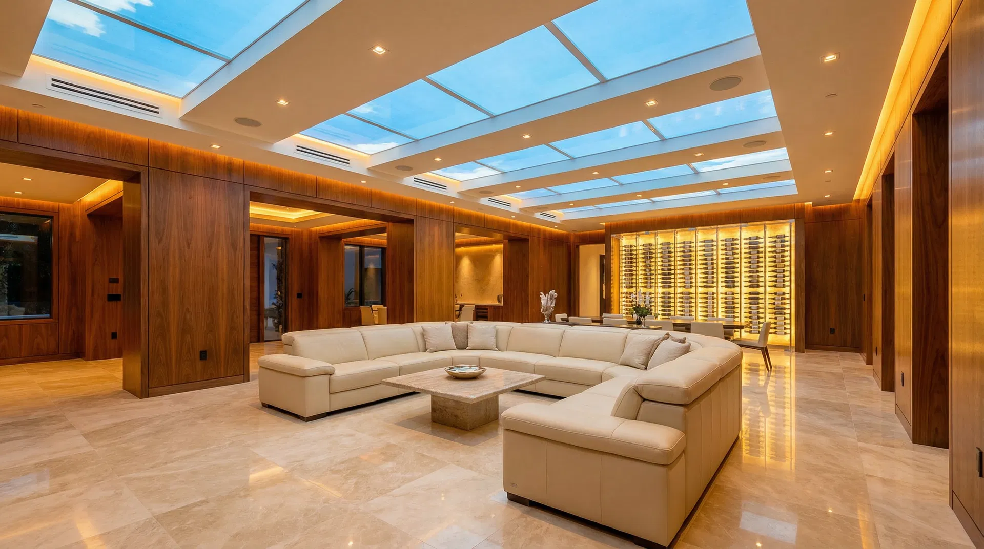 Luxury bunker interior with simulated skylights, walnut paneling, and Italian marble