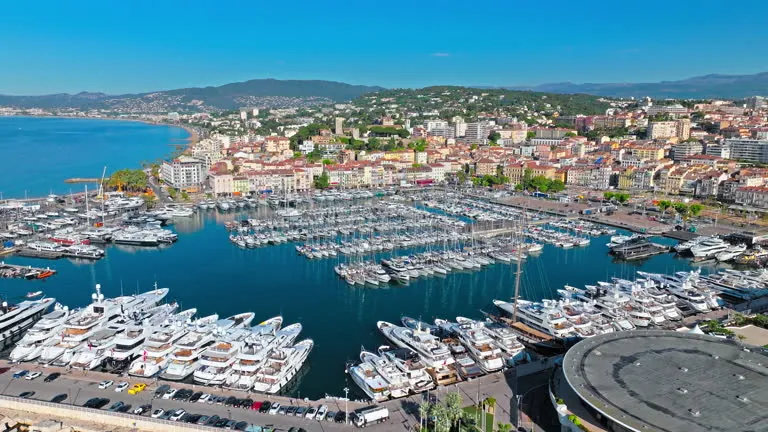 Aerial view of Cannes harbour and La Croisette on the French Riviera