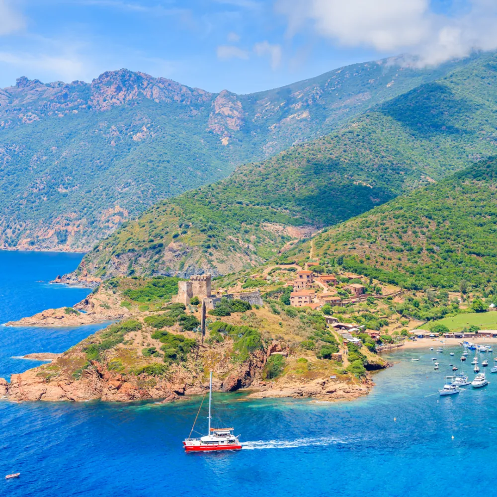 Aerial view of a red catamaran sailing near Girolata village and its Genoese tower in Corsica.