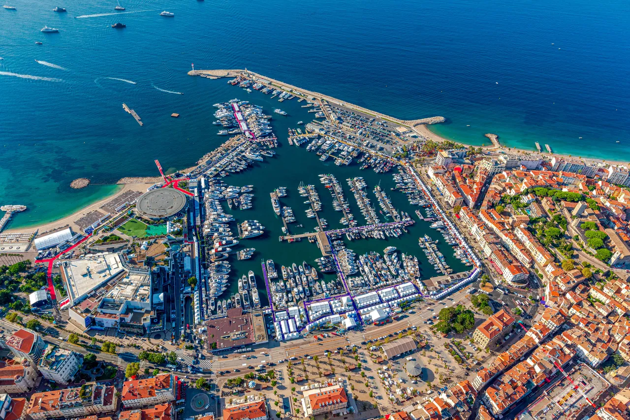 Aerial view of luxury yachts moored at Vieux Port in Cannes, France