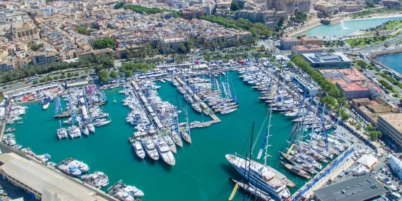 Aerial view of luxury yachts in the marina at the Palma International Boat Show in Mallorca, Spain.