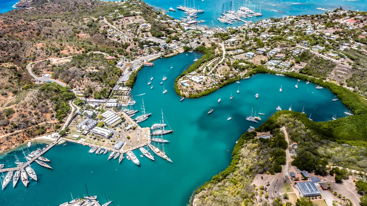 Aerial view of luxury yachts in English Harbour, Antigua.