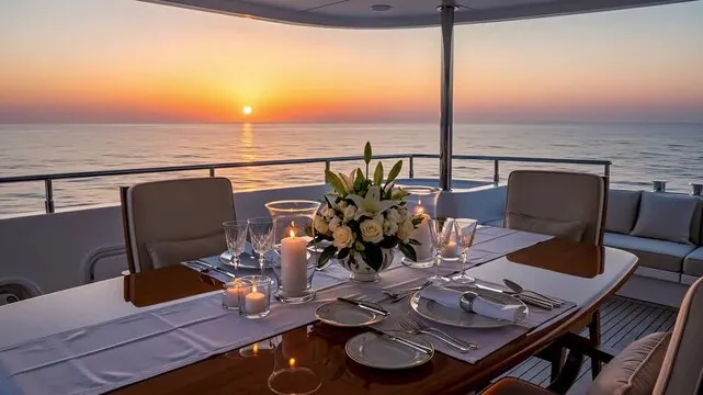 Dinner table laid on a yacht deck at sunset